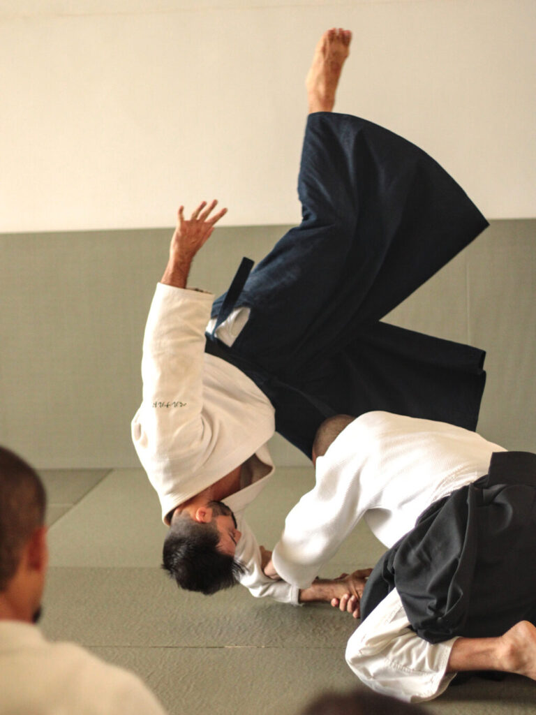 Praticante realizando uma técnica de Aikido no PoA Aikikai